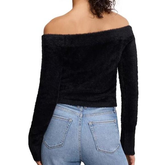 Good American Fuzzy Off-the-Shoulder Black Cropped Sweater Top NWT L - Picture 5 of 5